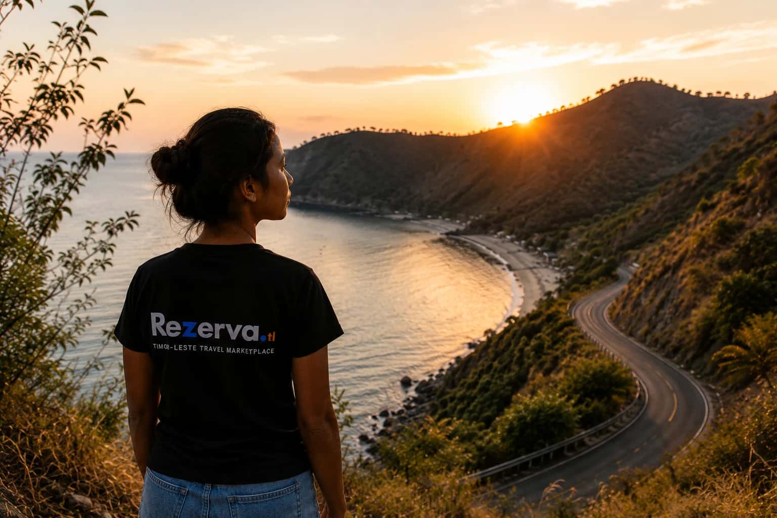 Coastal road winding above a quiet bay at sunset on Timor-Leste's north coast