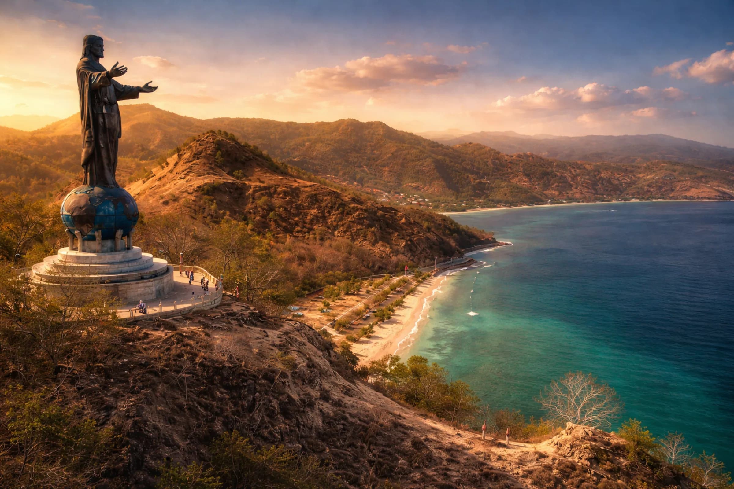 The Cristo Rei statue overlooking the sea at sunrise, Dili, Timor-Leste