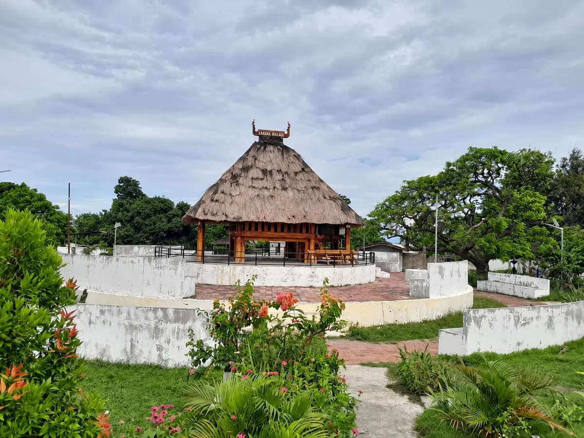 A thatched pavilion inside the walls of the Balibo fort