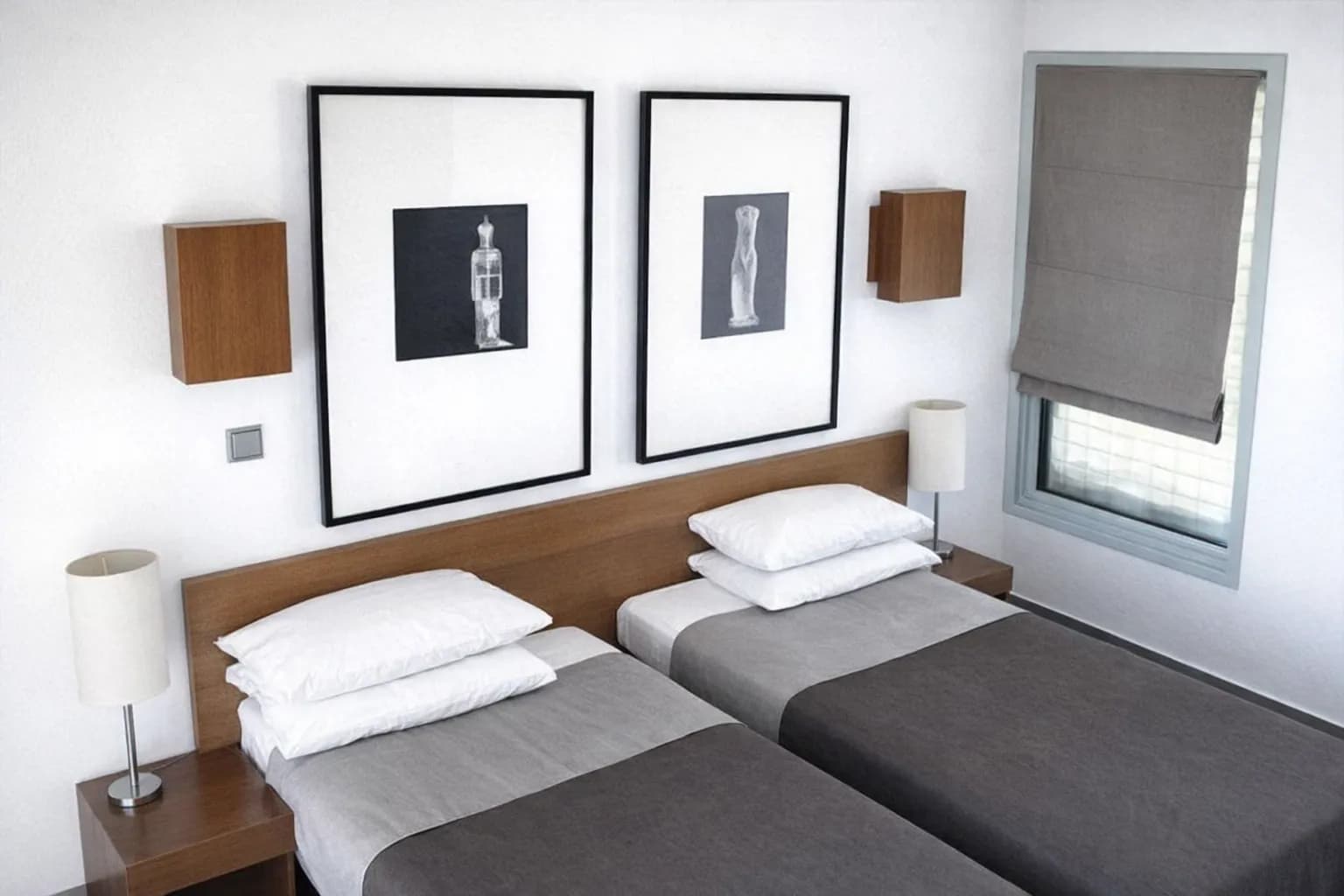 Twin room with two single beds and Timorese art at Hotel Esplanada