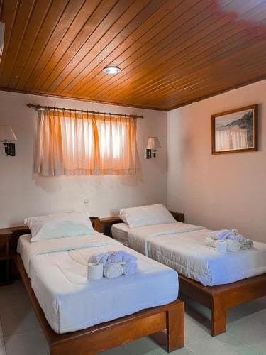 Arbiru Beach Resort twin-bed room with wood ceiling and beachside window