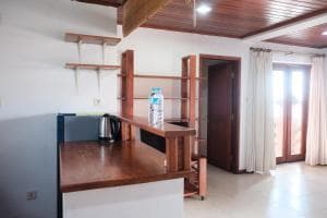 Arbiru Beach Resort apartment with timber kitchenette and wooden shelving