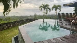 Balibo Fort Hotel infinity pool with palm trees and panoramic mountain view