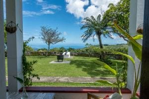 Balibo Fort Hotel manicured garden with palm tree and distant sea view