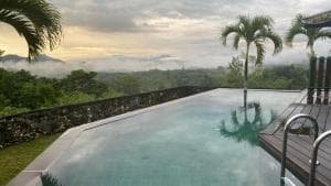 Balibo Fort Hotel infinity pool with palms and misty mountain backdrop
