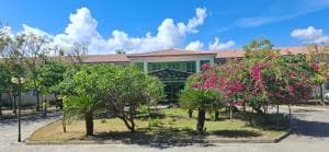 Excelsior Resort facade with mature trees and bougainvillea hedge