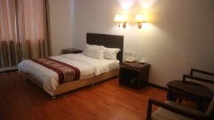 Excelsior Resort room with king bed, bedside seating and wood floors