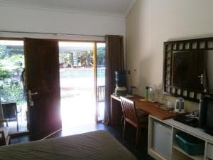 Hotel Esplanada room opening to the garden, with mirror, TV cabinet and minibar