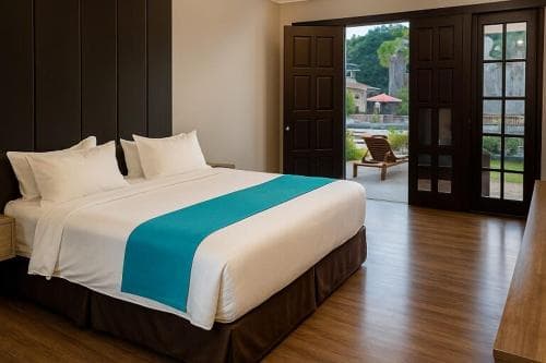 King Suite with Pool View — king bed with teal runner and garden balcony