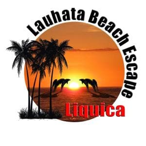 Lauhata Beach Escape Liquica logo with palm trees and dolphins at sunset