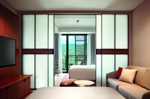Palm Springs Hotel suite with sliding panel doors, sofa and TV