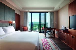 Palm Springs Hotel deluxe king room with city view and patterned rug