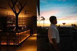 Palm Springs Hotel sunset rooftop bar with bartender and ocean view